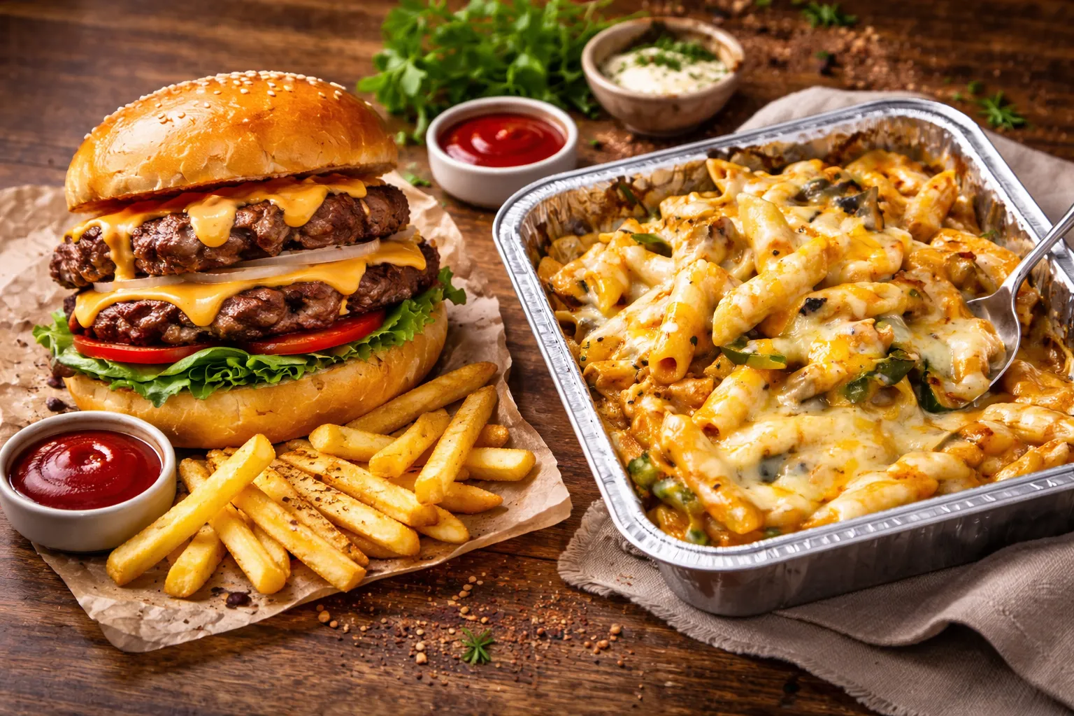 TuckOut popular dishes - Halal burgers, pasta and chicken fingers in Winnipeg